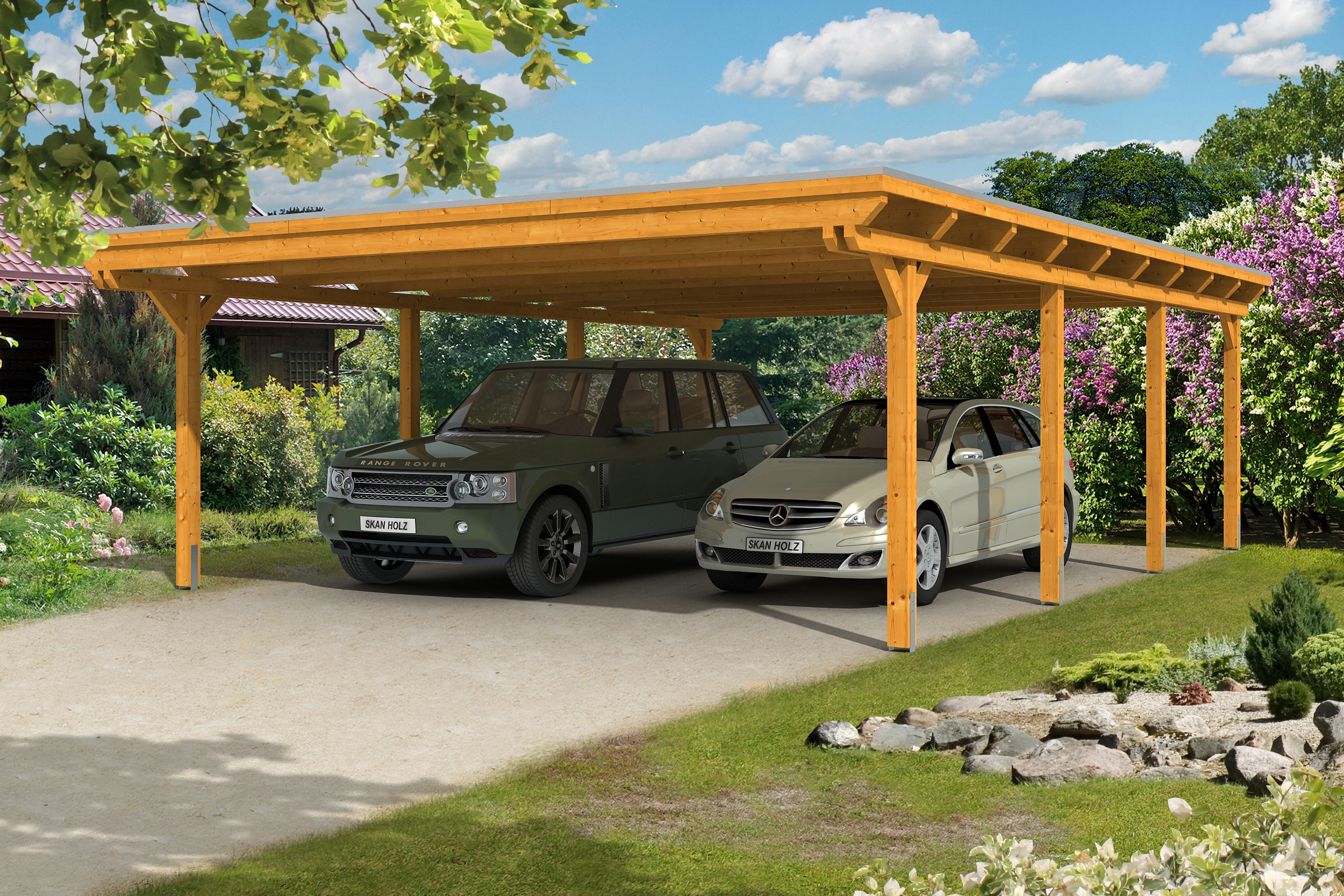 Carport Emsland 613x846cm, eiche hell, 20mm Dachschalung mit EPDM Folie Holzcarport