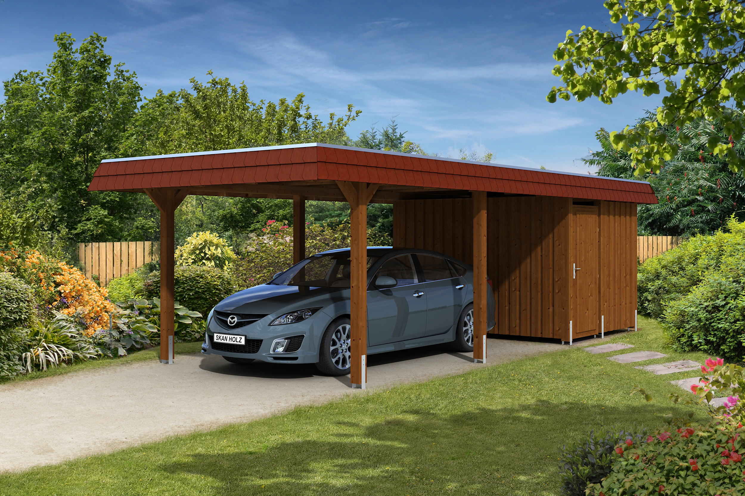Skan Holz Walmdach Carport aus Leimholz Breite 362 cm-nussbaum Holzcarport