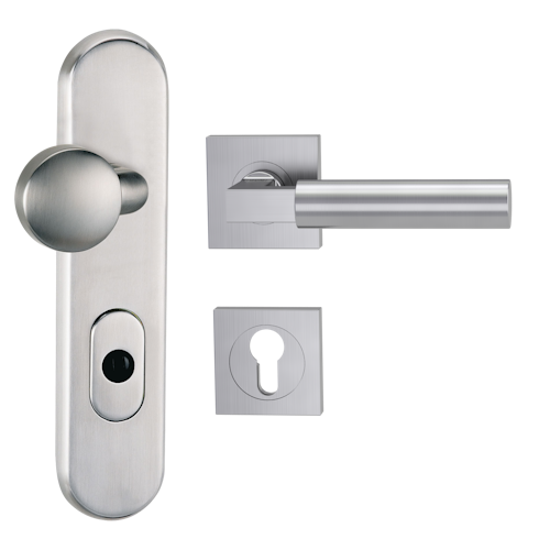 Griffwerk TITANO Kombi SB_882 ES1 (S2) -Edelstahl matt Kombi-Schutzbeschlag -Knopf/Drücker -mit Griff METRICO PROF eckig -EM -ZA, 72mm -TS 38-50