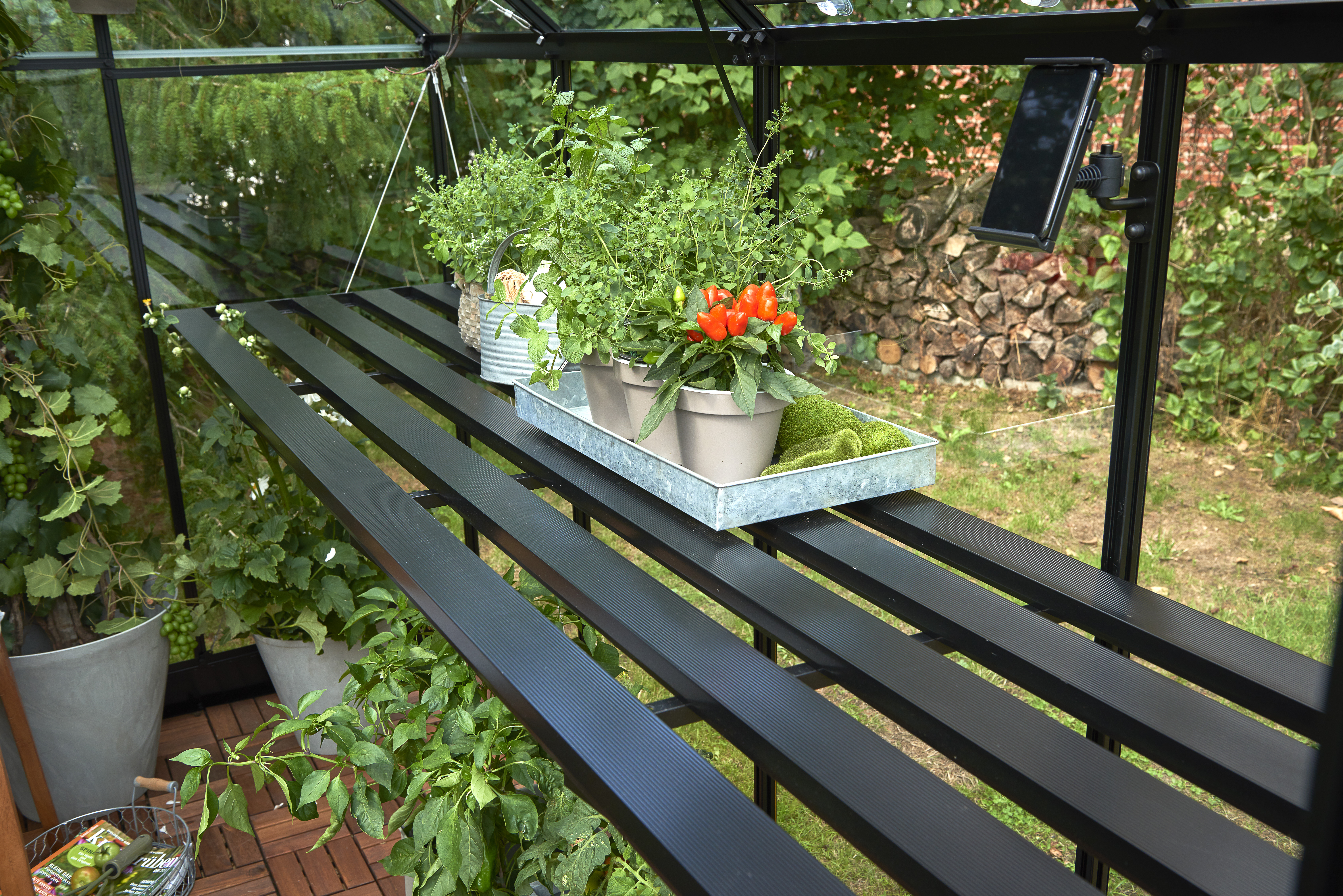 Juliana integrierter Lamellentisch für 7 Gewächshaus-Sektionen (1 Sektion entspricht der Breite einer Seitenscheibe)