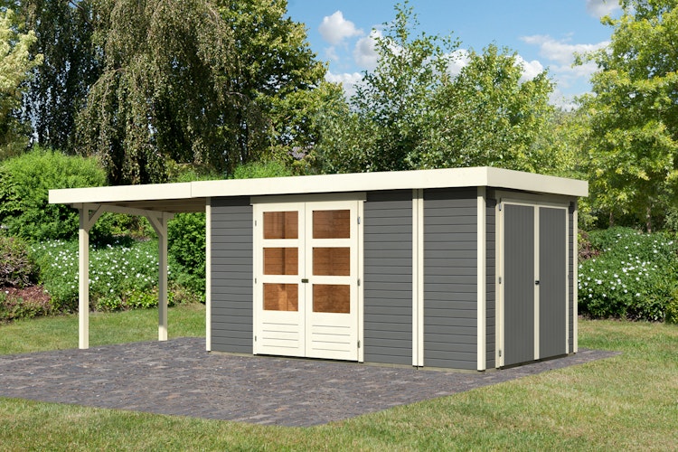 Karibu Woodfeeling Gartenhaus Retola 2/3/4/5/6 inkl. Anbauschrank u. 280 cm Schleppdach