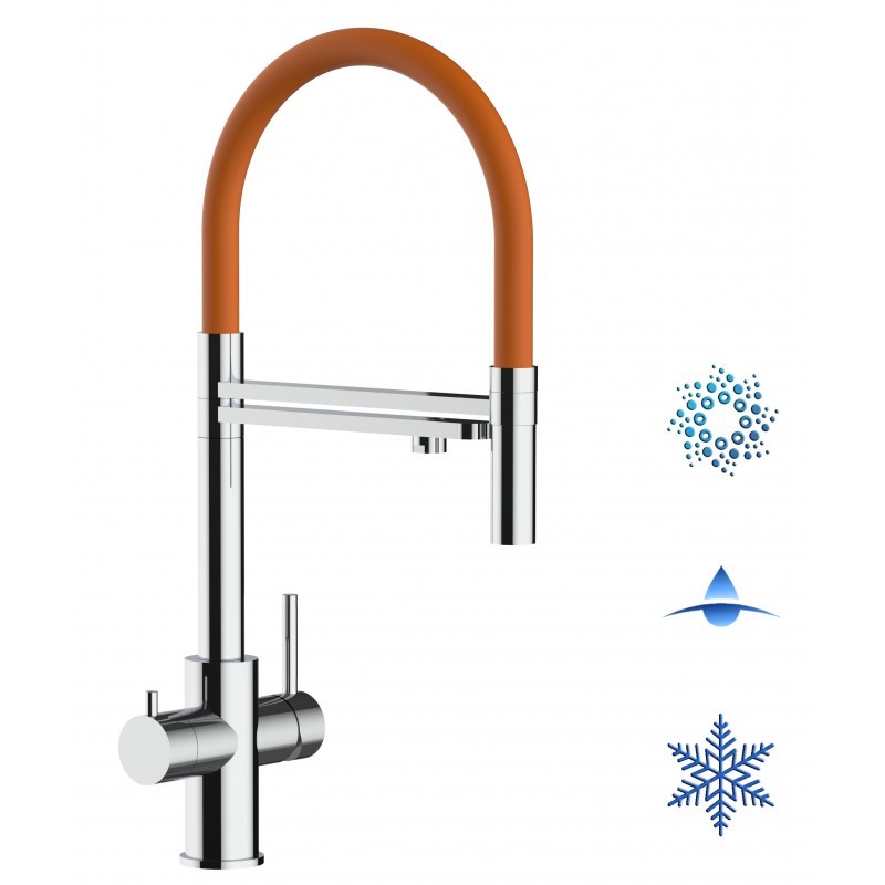 5 Wege Wasserhahn Küchenarmatur, Edelstahl Massiv mit 360° schwenkbarem Auslauf, abnehmbare 2 strahl Handbrause, Hochglanz / Orange