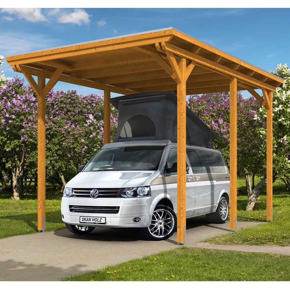 Skan Holz Caravan-Carport Emsland 404x604 cm mit erhöhter Einfahrt-eiche hell Holzcarport