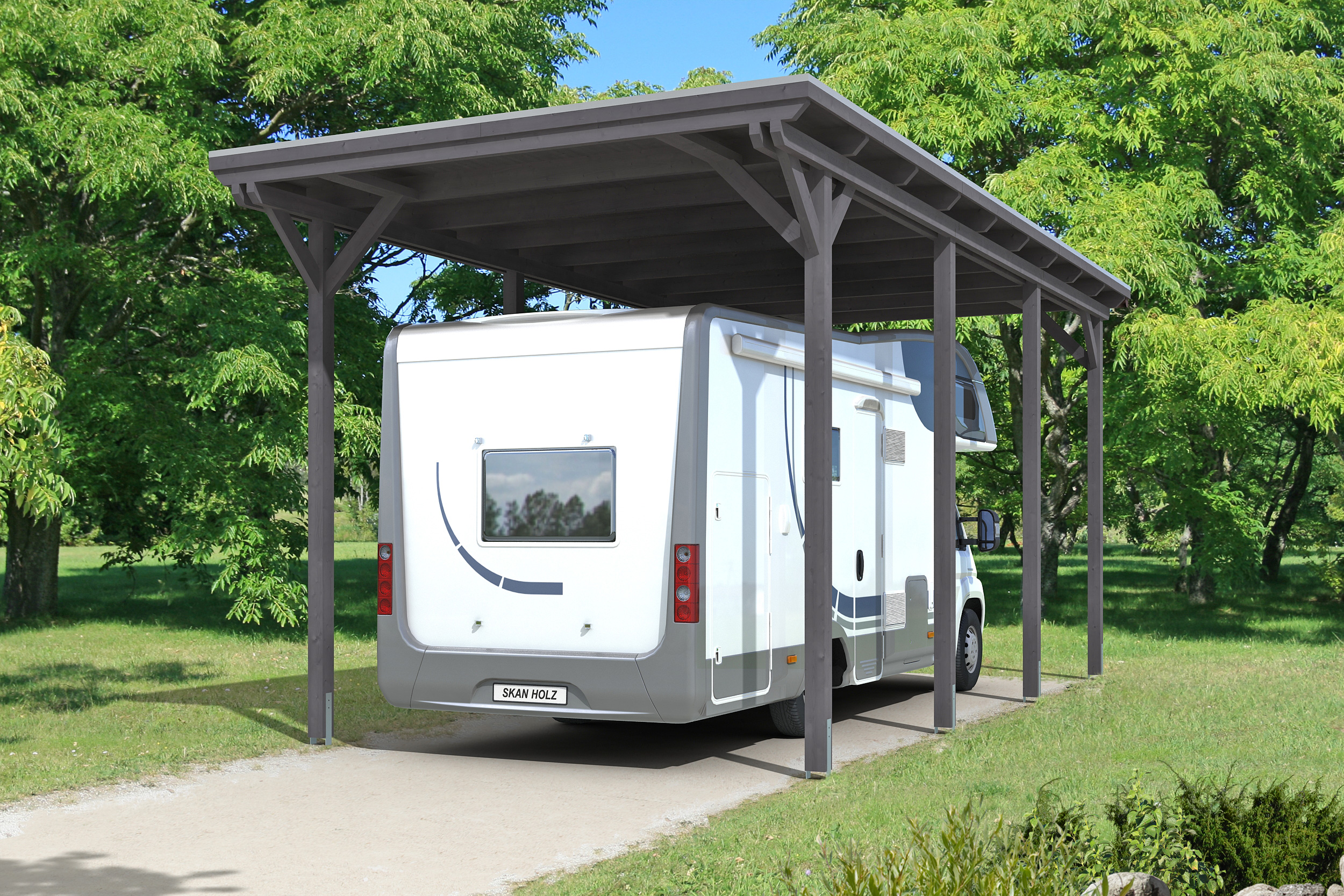 Skan Holz Caravan-Carport Emsland 404x846 cm mit erhöhter Einfahrt-schiefergrau Holzcarport