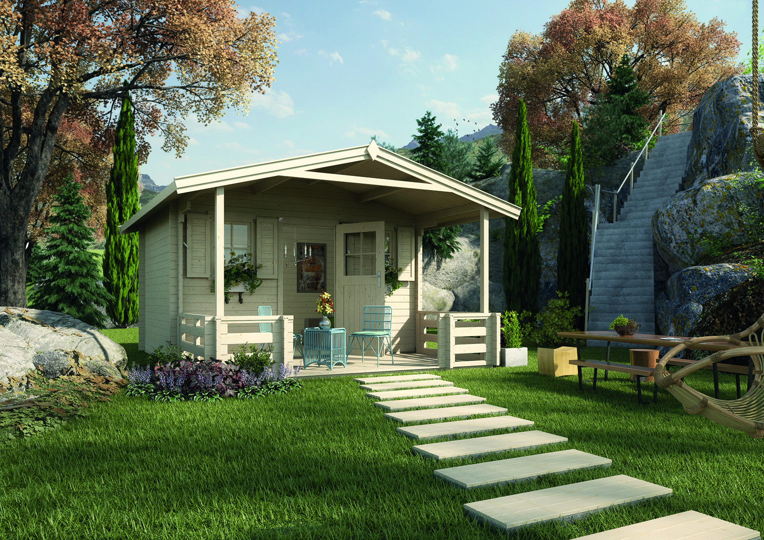 Weka 45 mm Weekendhaus 138 mit Vordach + Terrasse 380 x 580 cm - 50 % Rabatt auf Dacheindeckung