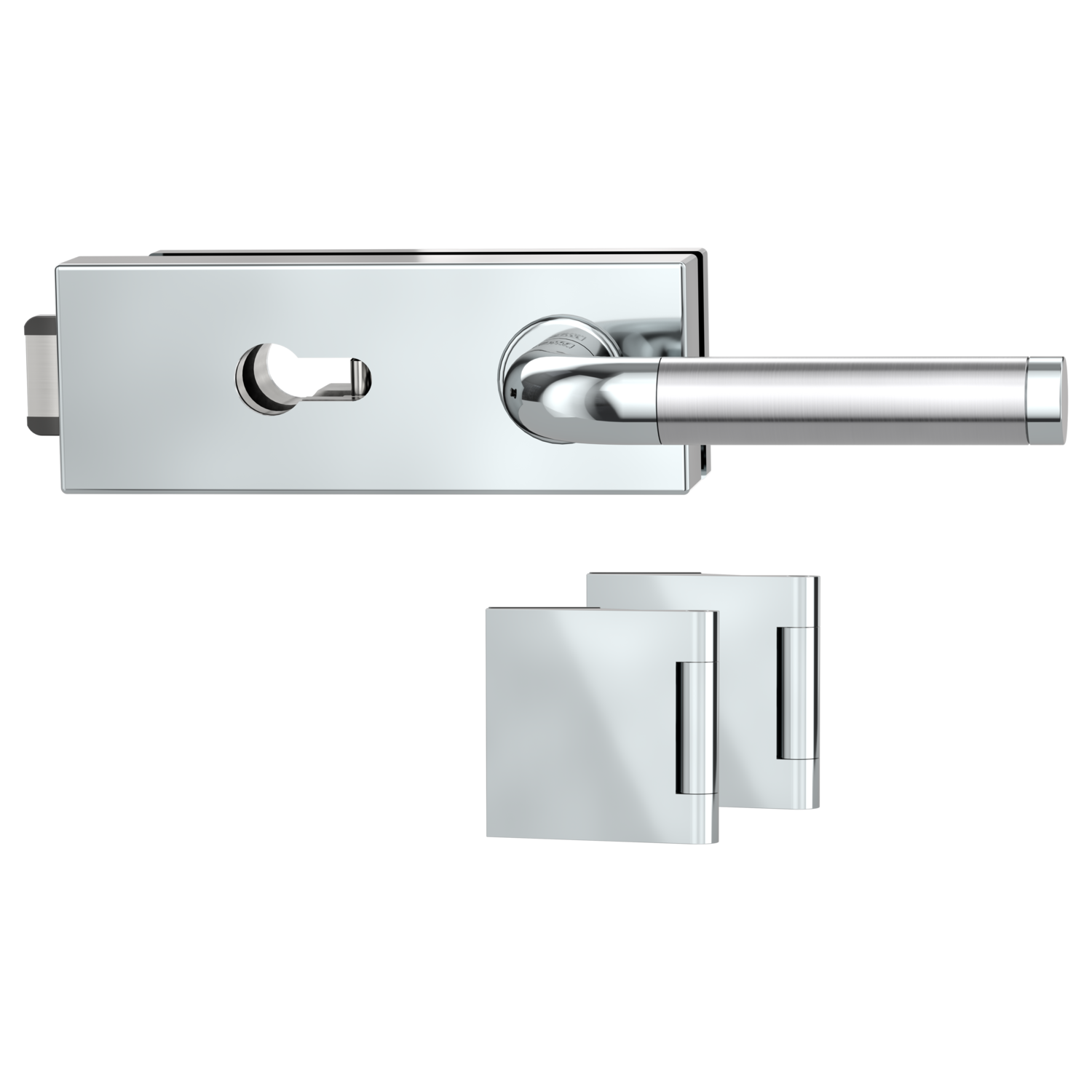 Griffwerk Glastürbeschlag PURISTO S mit Griff SIMONA PROF Profilzylinder Flüster 3-tlg. Bänder SIMONA Edelstahl poliert