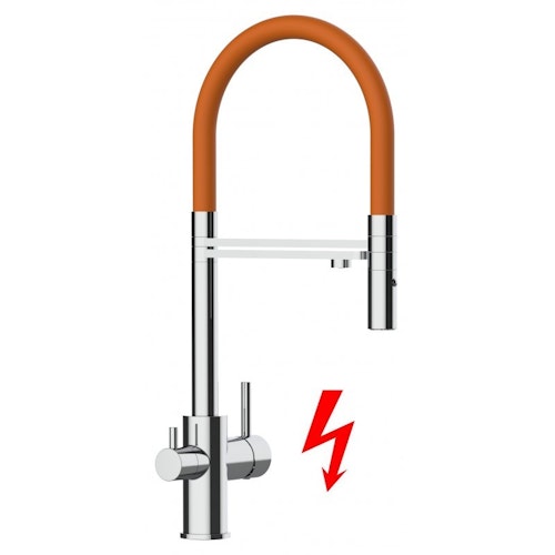 NIEDERDRUCK 3 Wege Wasserhahn Küchenarmatur, FL, mit 360° schwenkbarem Auslauf, abnehmbare 2 strahl Handbrause, Verchromt / Orange