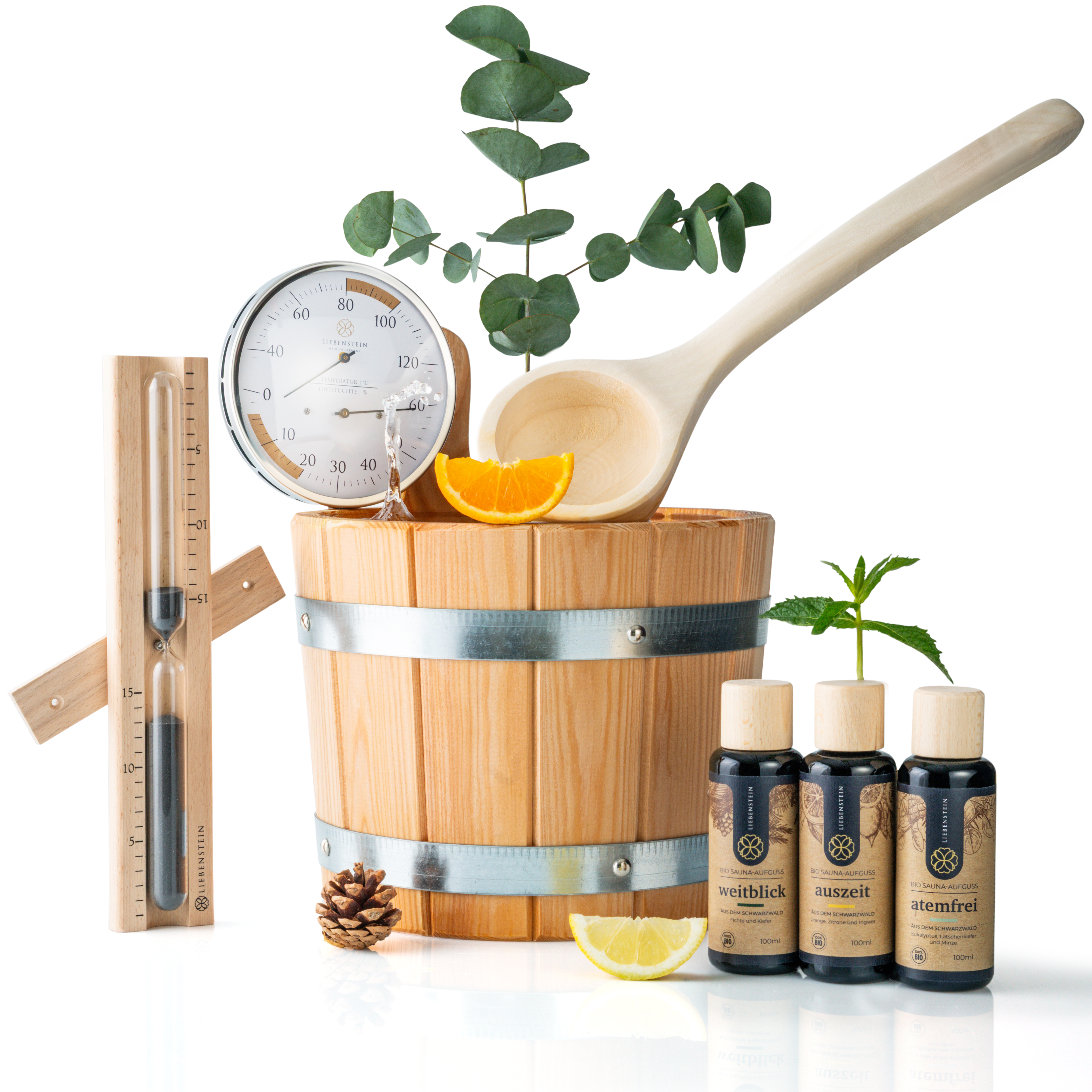 Liebenstein 7-teiliges Premium-Komplettset – Lärchenholz Saunaeimer mit Kelle, 3 x Sauna-Aufguss, Sanduhr & Hygro-/Therm...