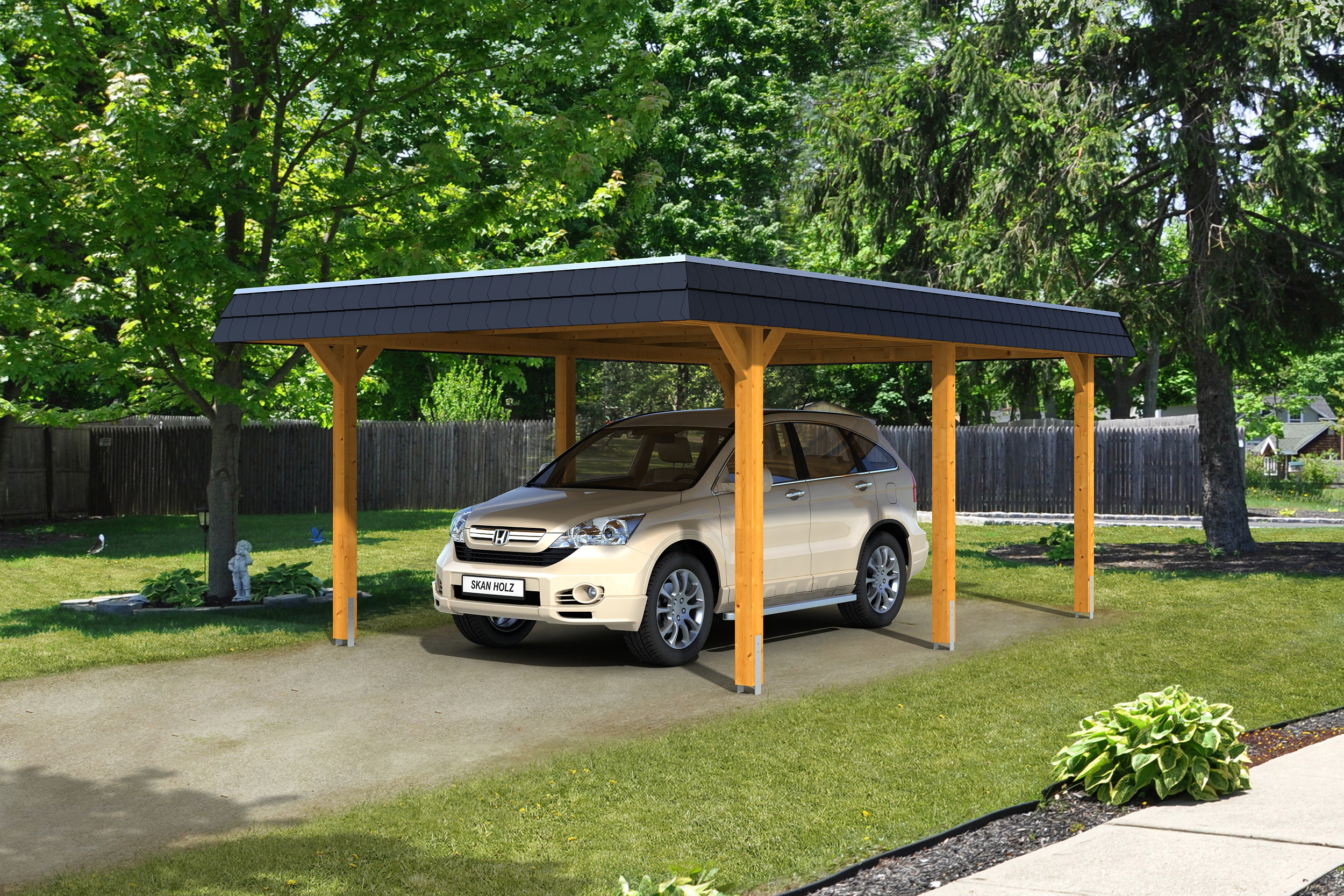 Carport Wendland 409x628 schwarze Blende, eiche hell, 20mm Dachschalung mit EPDM Folie Holzcarport