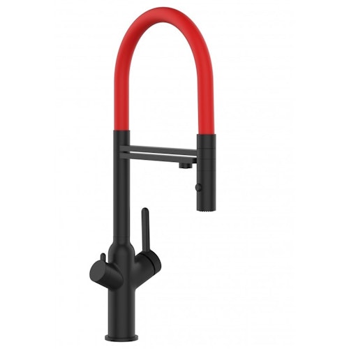 3 Wege Wasserhahn Küchenarmatur, BOD, mit 360° schwenkbarem Auslauf, abnehmbare 2 strahl Handbrause, Schwarz Matt / Rot