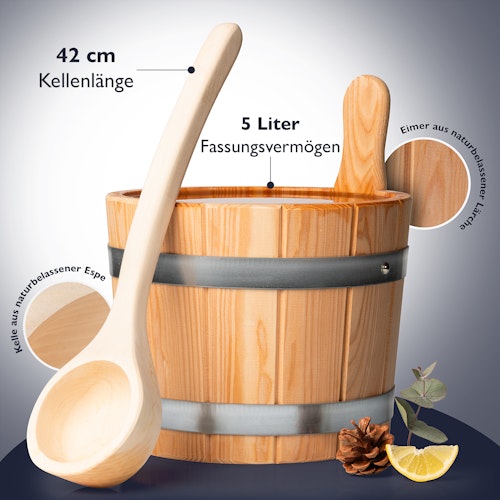 Liebenstein 7-teiliges Premium-Komplettset – Lärchenholz Saunaeimer mit Kelle, 3 x Sauna-Aufguss, Sanduhr & Hygro-/Thermometer