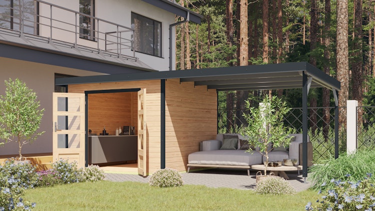 Karibu Metall-Holzgartenhaus Hybridhaus Pluto A/B - 28 mm/0,5 mm