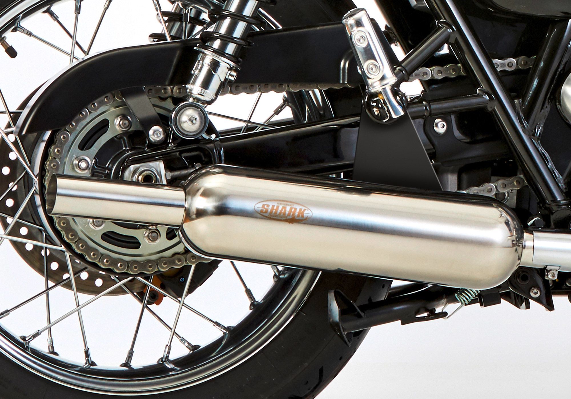 Shark Performance KOMPLETTANLAGE Edelstahl hochglanzpoliert silber Retro Classic mit Kat für TRIUMPH Bonneville,Bonneville T100,Thruxton   