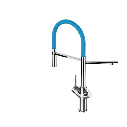 3 Wege Wasserhahn Küchenarmatur, BOD, mit 360° schwenkbarem Auslauf, abnehmbare 2 strahl Handbrause, Verchromt / Hellblau