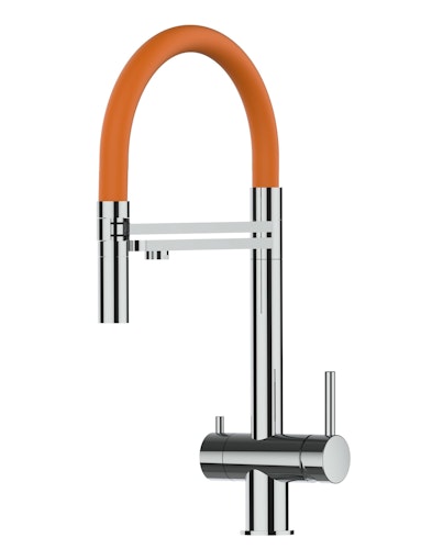 Kurzversion 45CM - 3 Wege Wasserhahn Küchenarmatur, Edelstahl Massiv mit 360° schwenkbarem Auslauf, abnehmbare 2 strahl Handbrause, Hochglanz / Orange