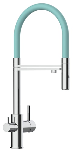 3 Wege Wasserhahn Küchenarmatur, FL, mit 360° schwenkbarem Auslauf, abnehmbare 2 strahl Handbrause, Verchromt / Türkis