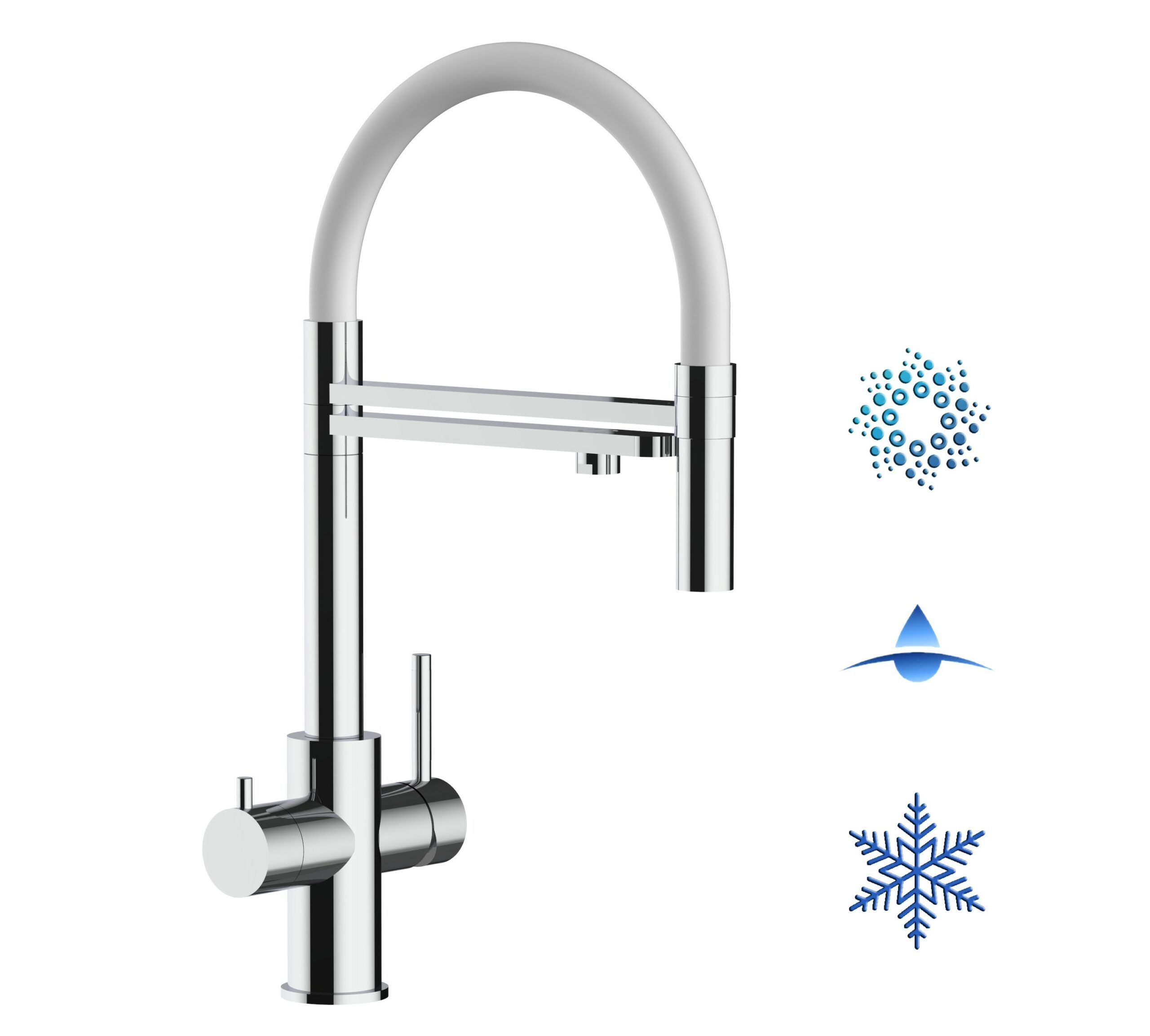 Kurzversion 47 cm - 5 Wege Wasserhahn Küchenarmatur, Edelstahl Massiv mit 360° schwenkbarem Auslauf, abnehmbare 2 strahl Handbrause, Hochglanz / Weiß