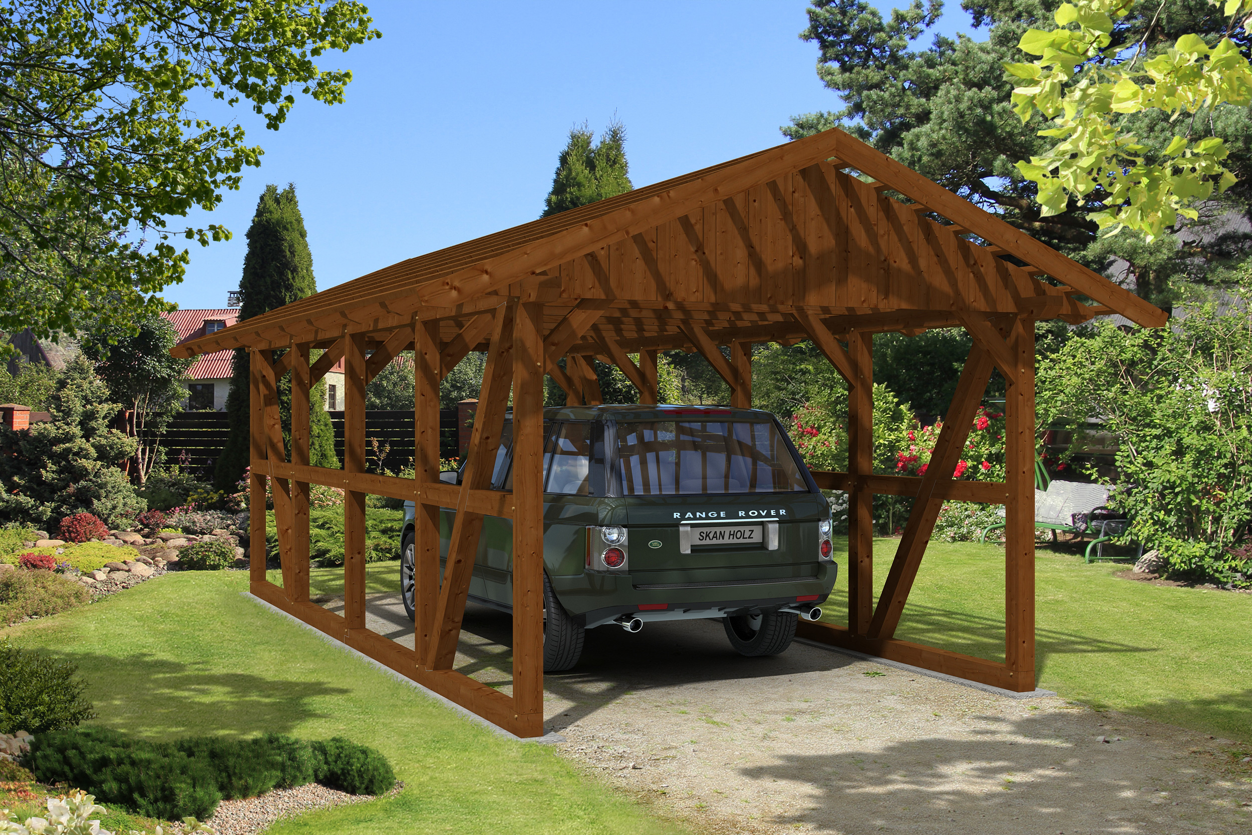Skan Holz Schwarzwald Einzel 424x772cm Dachlattung nussbaum mit Rückwand Holzcarport