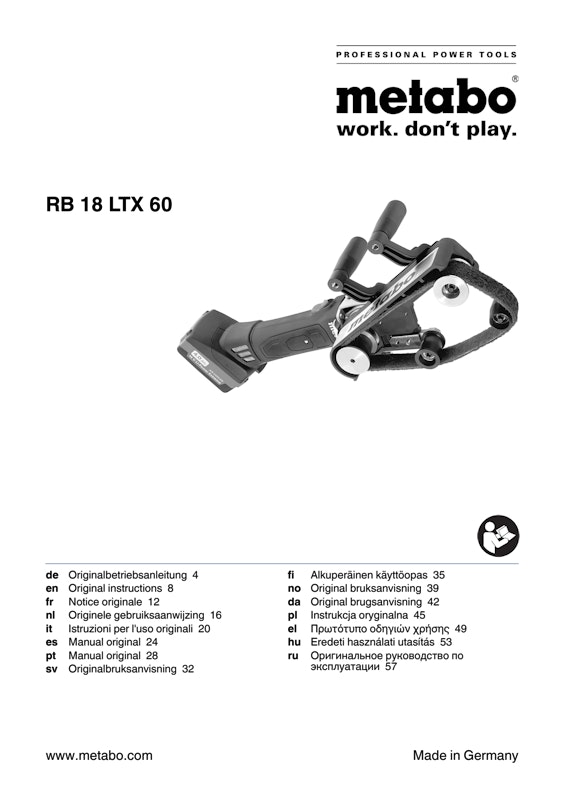 Bedienungsanleitung fÃ¼r Metabo Akku-Rohrbandschleifer RB 18 LTX 60