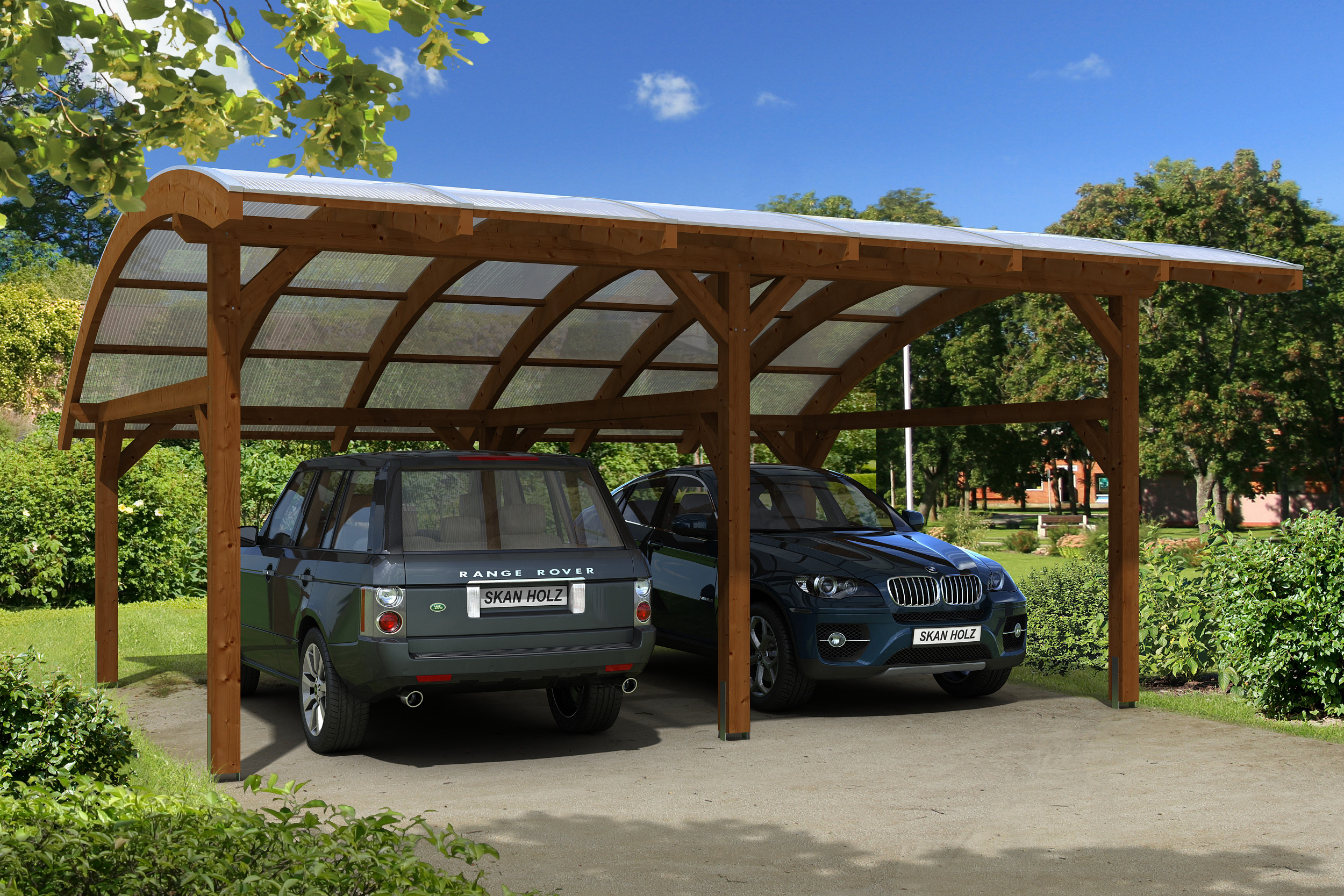 Skan Holz Schwaben Doppelcarport Breite 630cm nussbaum Holzcarport