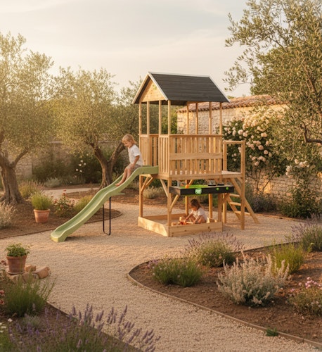 EXIT Panorama 550 Holzspielhaus mit Rutsche, Matschküche und Sandkasten