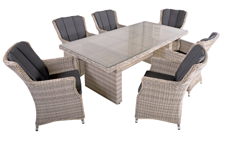Garden Pleasure Gartenmöbel Set DIJON II, Tisch 200 x 100 + 6 Sessel, Polyrattan Sesamgrau / Glasplatte / Kissen 100 % Polyester Dunkelgrau