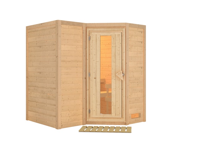 Karibu Sauna Sahib 1-Massivholzsauna 38 mm-Fronteinstieg -Exklusivoptik inkl. gratis Sauna-Zubehörset im Wert von 234,94 €