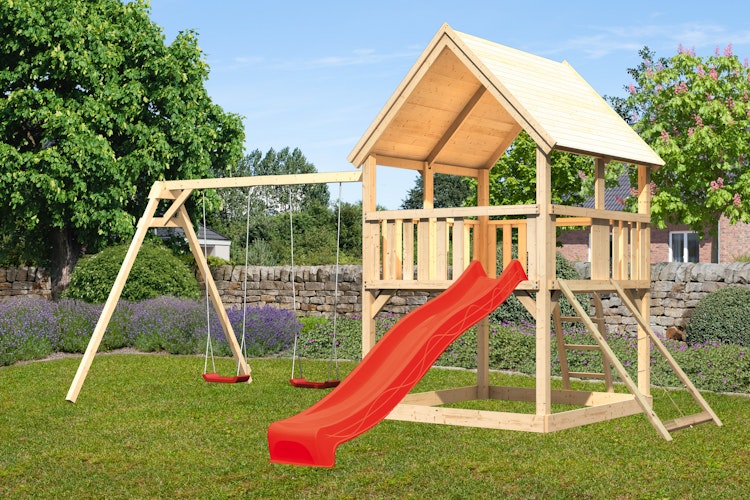 Akubi Kinderspielturm Luis mit Doppelschaukel, Netzrampe und Wellenrutsche