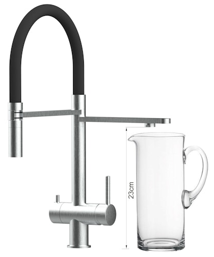 3 Wege Wasserhahn Küchenarmatur, Edelstahl Massiv mit 360° schwenkbarem Auslauf, abnehmbare 2 strahl Handbrause, Gebürstet / Schwarz