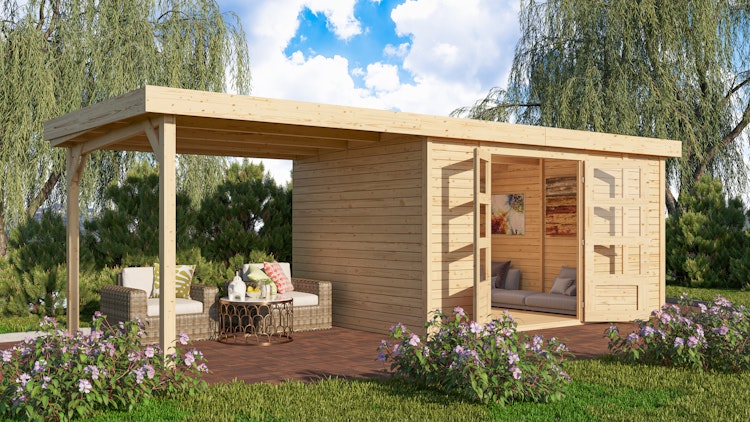 Karibu Woodfeeling Gartenhaus Retola 2/3/4/5/6 inkl. Anbauschrank u. 280 cm Schleppdach