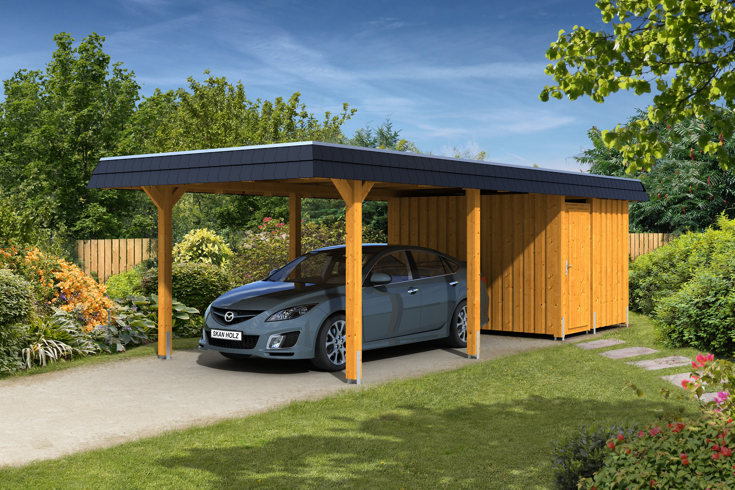 Skan Holz Walmdach Carport Breite 362 cm mit Abstellraum eiche hell Holzcarport