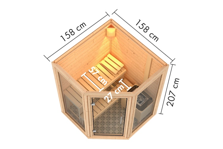 Karibu Sauna Yuma - Massivholzsauna mit Eckeinstieg 38 mm inkl. gratis Sauna-Zubehörset im Wert von 234,94 €