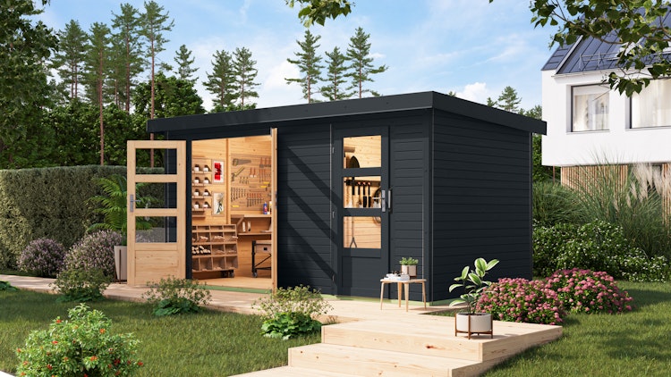 Karibu Metall-Holzgartenhaus Hybridhaus Merkur A/B/C/D - 19 mm/0,5 mm - Mittelwandhaus 