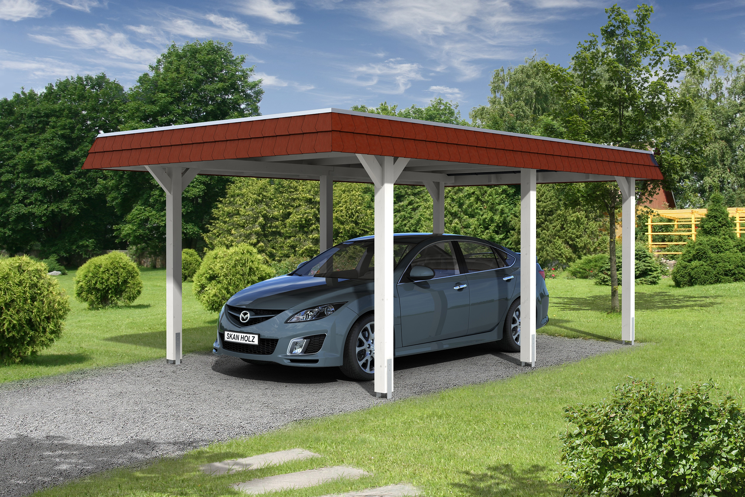 Skan Holz Walmdach Carport 362cm rote Blende Größe 1 weiß Holzcarport