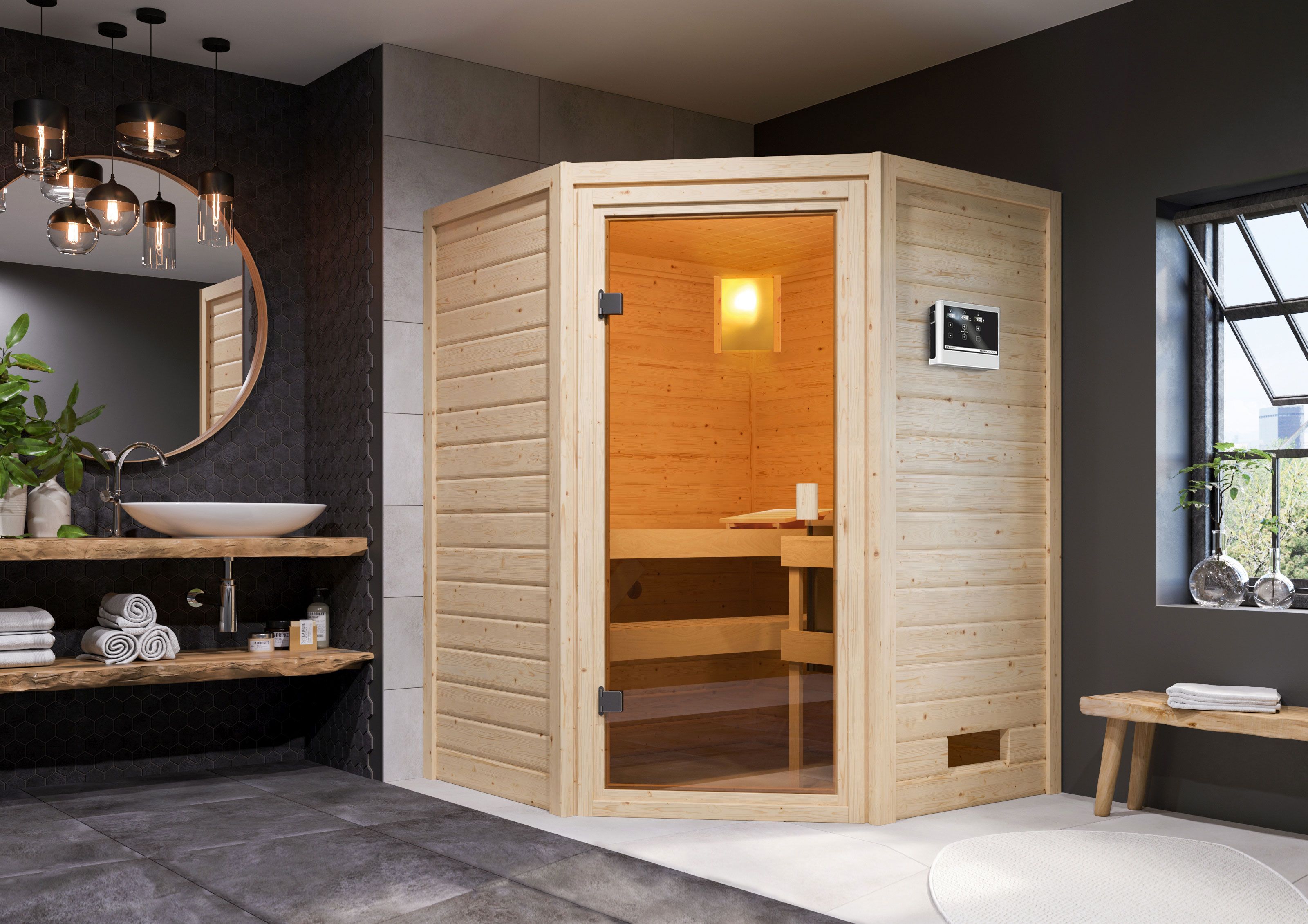 Karibu Woodfeeling Sauna Antonia - 38 mm Massivholz Aktionssauna inkl. 5-teiligem Gratis-Zubehörpaket im Wert von 100 €