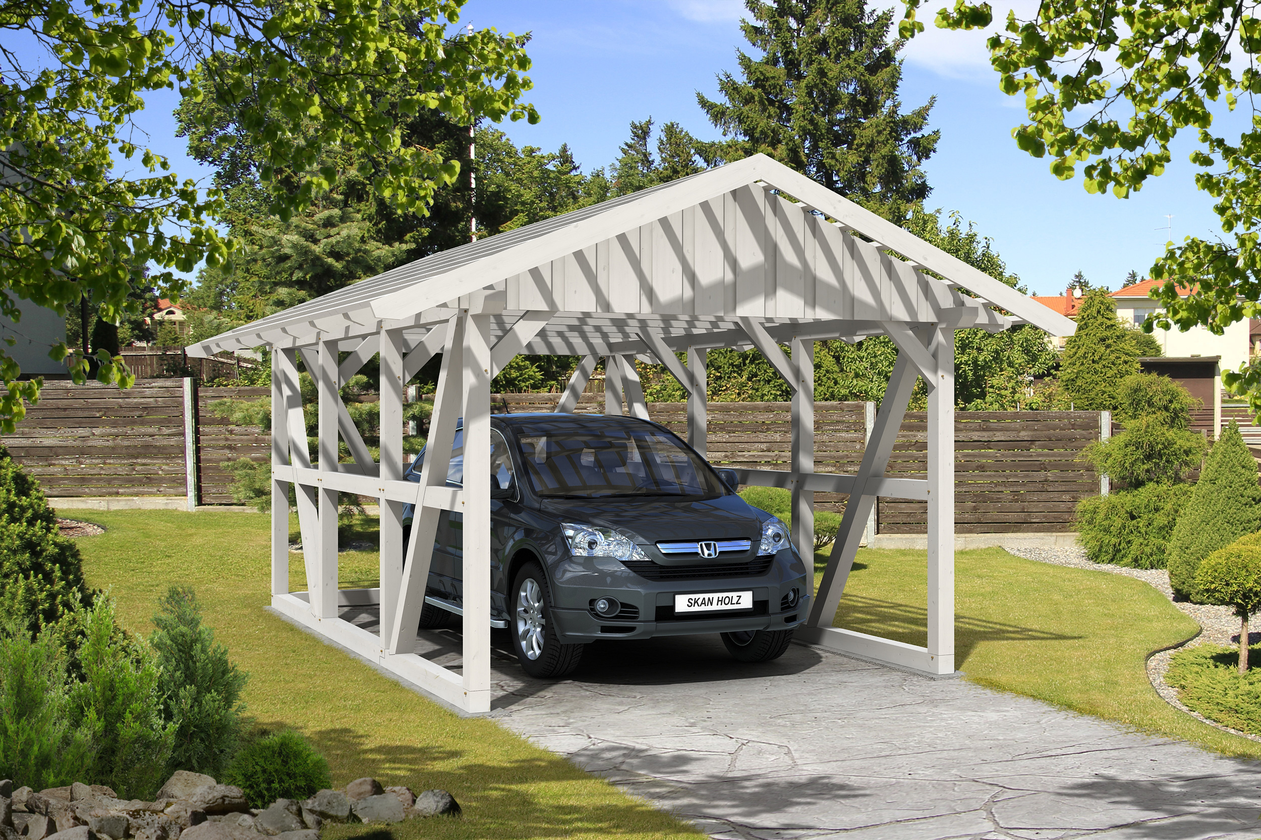 Skan Holz Schwarzwald Einzel 424x600cm Dachlattung weiss mit Rückwand Holzcarport