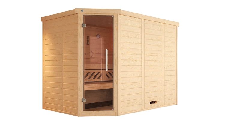 Weka Premium Massivholz-Elementsauna Kemi Eck 2 mit Glastür/Fenster inkl. Komfortpaket - 45 mm