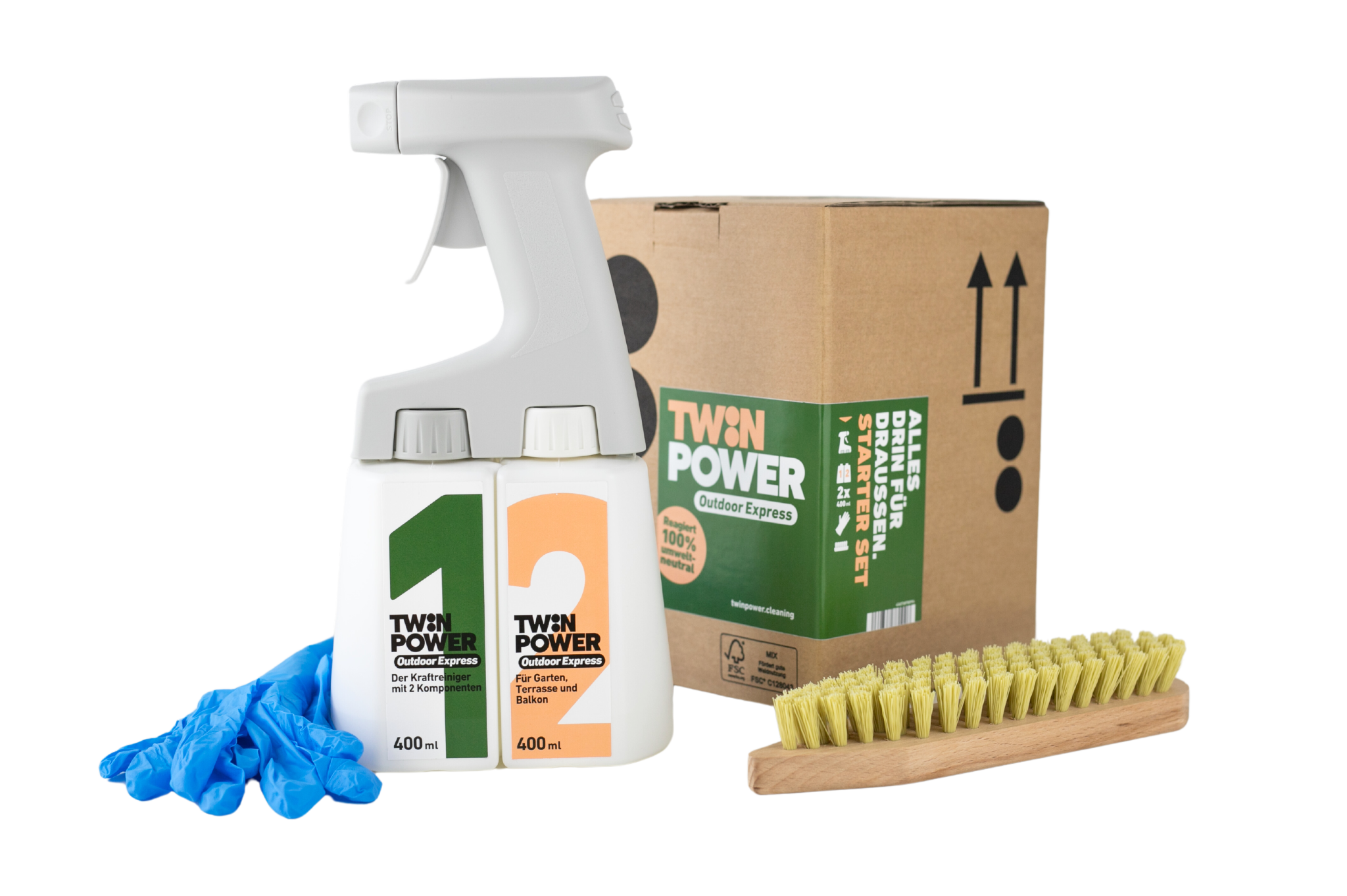 Twin Power Outdoor-Express-Set 2 x 0,4L + Sprüher + Handschuhe + Bürste