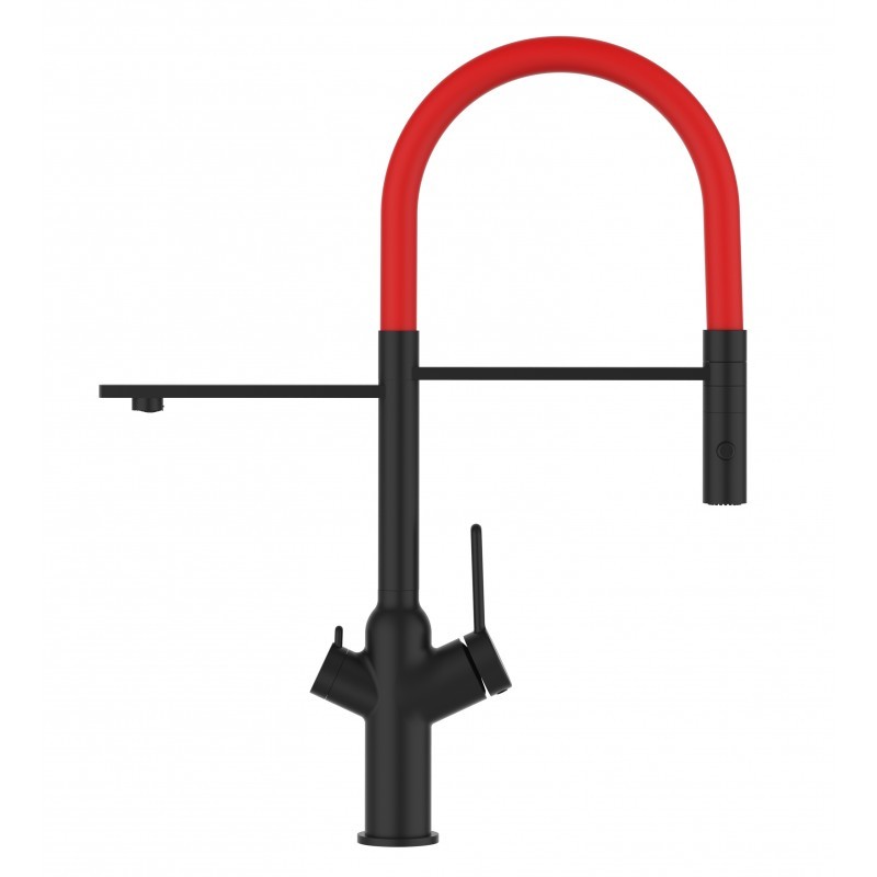 3 Wege Wasserhahn Küchenarmatur, BOD, mit 360° schwenkbarem Auslauf, abnehmbare 2 strahl Handbrause, Schwarz Matt / Rot