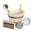 Vorschaubild Karibu 9-teiliges Zubehör Aktionsset bestehend aus 1 Thermometer, 1 Hygrometer , 5 ätherischen Ölen, 1 Schöpfkelle, 1 Aufgusskübel