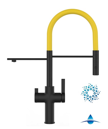 4 Wege Wasserhahn Küchenarmatur, FC, mit 360° schwenkbarem Auslauf, abnehmbare 2 strahl Handbrause, Schwarz Matt / Gelb