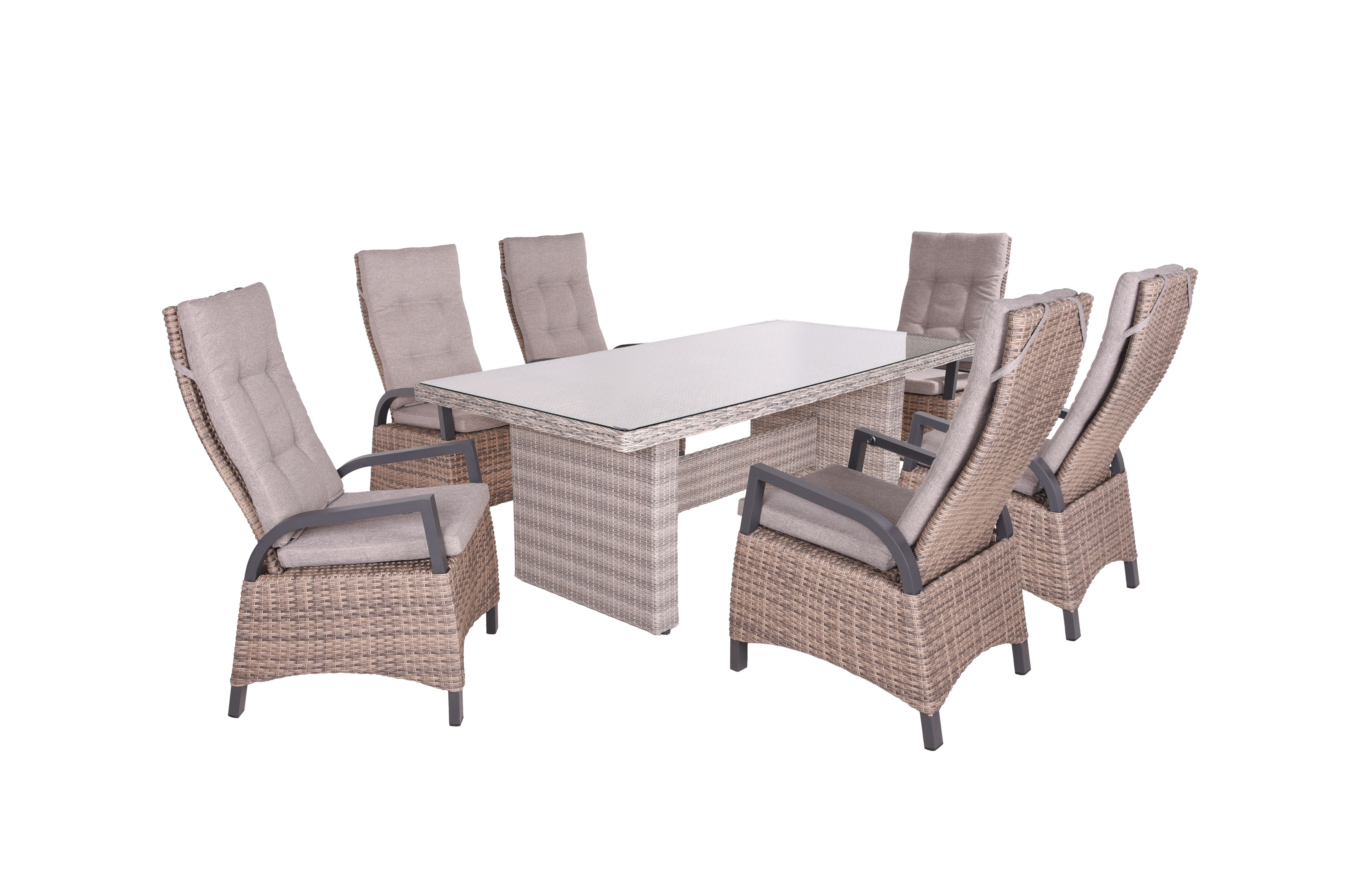 Garden Pleasure Gartenmöbel Set DIJON / AMELIA, Tisch 200 x 100 + 6 Hochlehner, Aluminium Anthrazit / Polyrattan Champagner / Kissen 100 % Polyester Creme