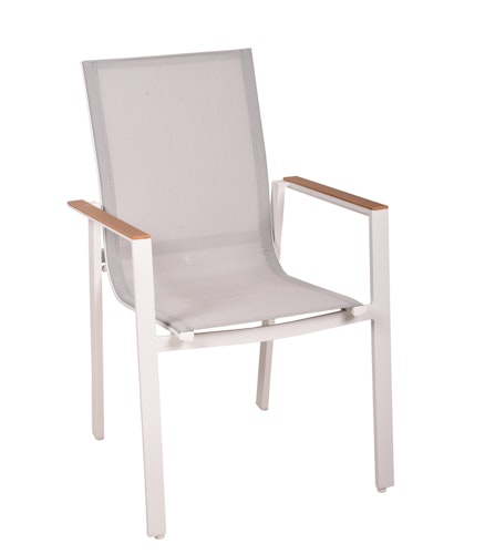 Garden Pleasure Gartenmöbel Set VENICE 02, Tisch 200 x 100 + 6 Stapelssessel, Alu Weiß / Nonwood Teak-Optik / Kunststoffgewebe Hellgrau