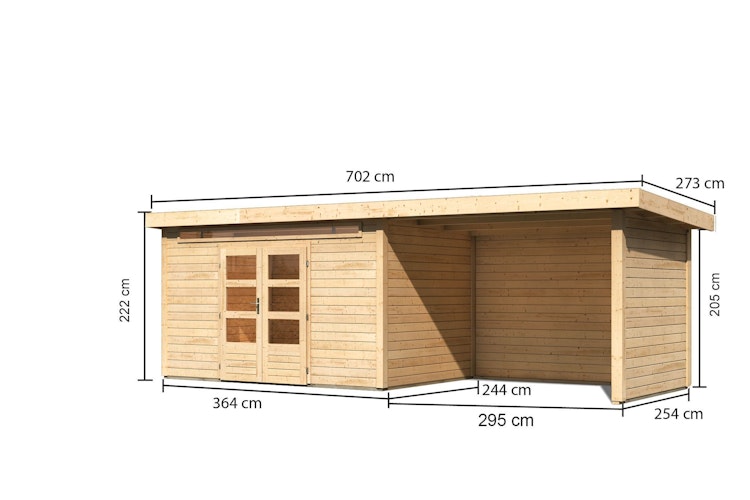 Karibu Woodfeeling Gartenhaus Kandern 6/7 mit 300 cm Schleppdach/Seiten- und Rückwand