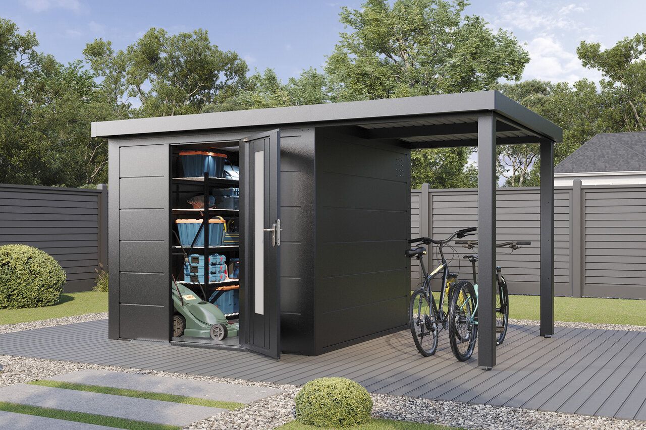 Wolff Finnhaus Premium Metall Gartenhaus Thorin 3824 Anthrazit inkl. 150 cm Anbaudach (Modell 2026)