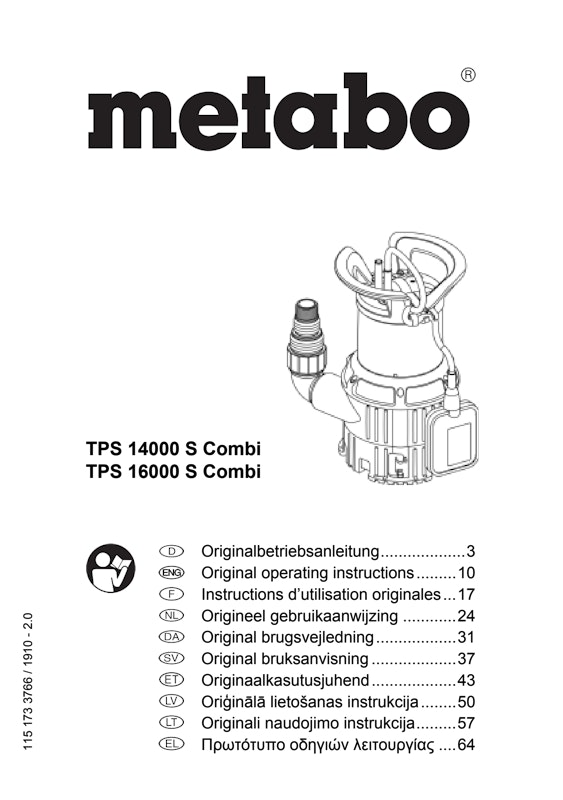 Bedienungsanleitung fÃ¼r Metabo Kombi-Tauchpumpe TPS 14000 S Combi