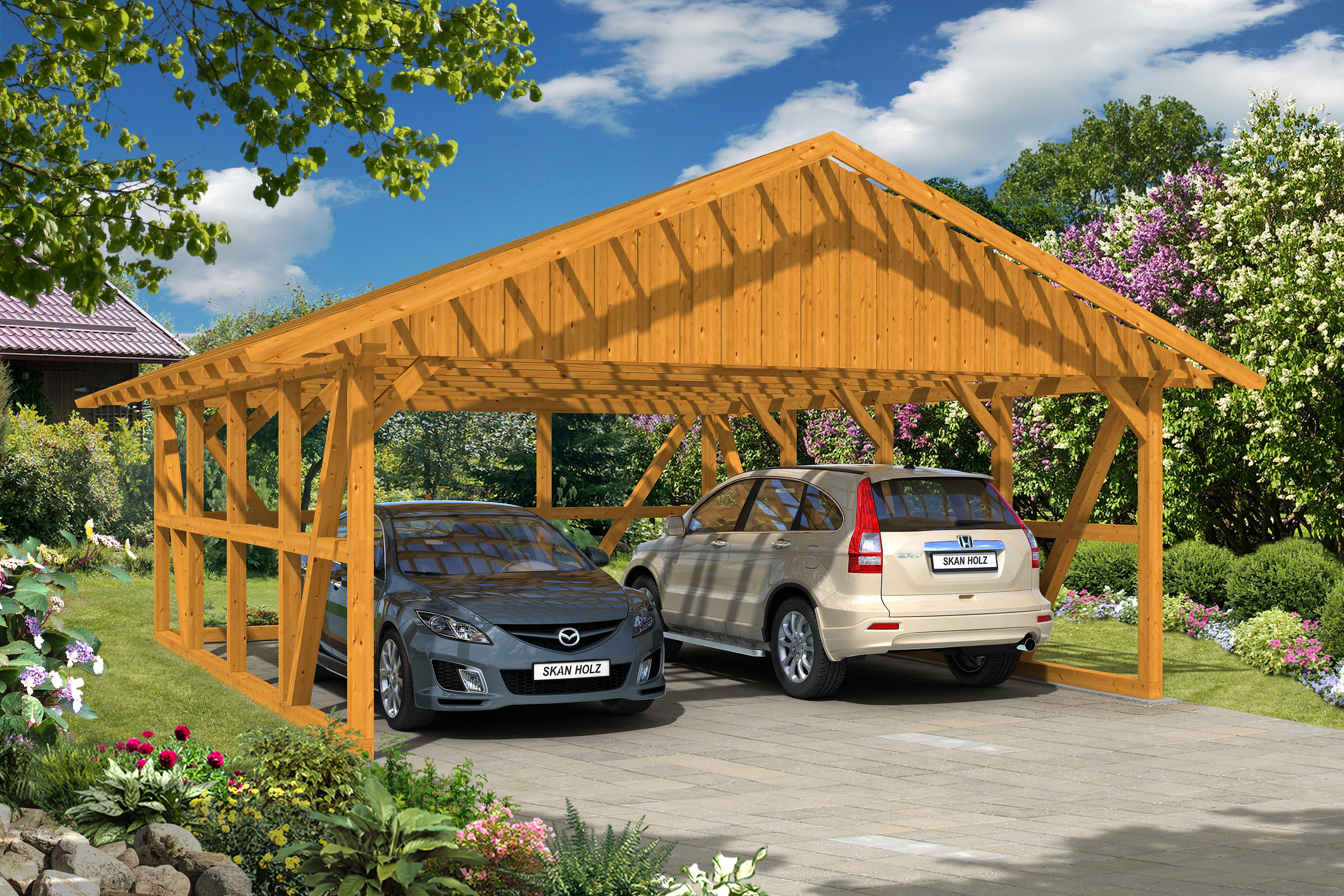 Skan Holz Schwarzwald Doppel 684x772cm Dachlatt.eiche hell mit Rückwand Holzcarport