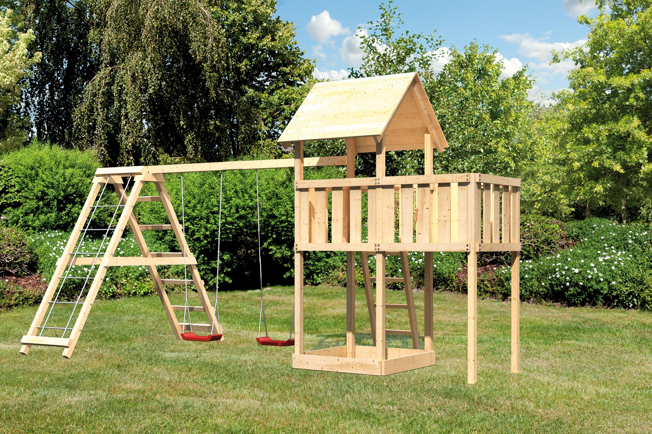Akubi Kinderspielturm Lotti inkl. Doppelschaukelklettergerüst und Anbauplattform