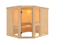 Karibu Amelia 3 - Sauna mit Eckeinstieg 68 mm-Ohne Ofen-ohne Dachkranz inkl. 10-teiligem gratis Saunaset im Wert von 232,94 €