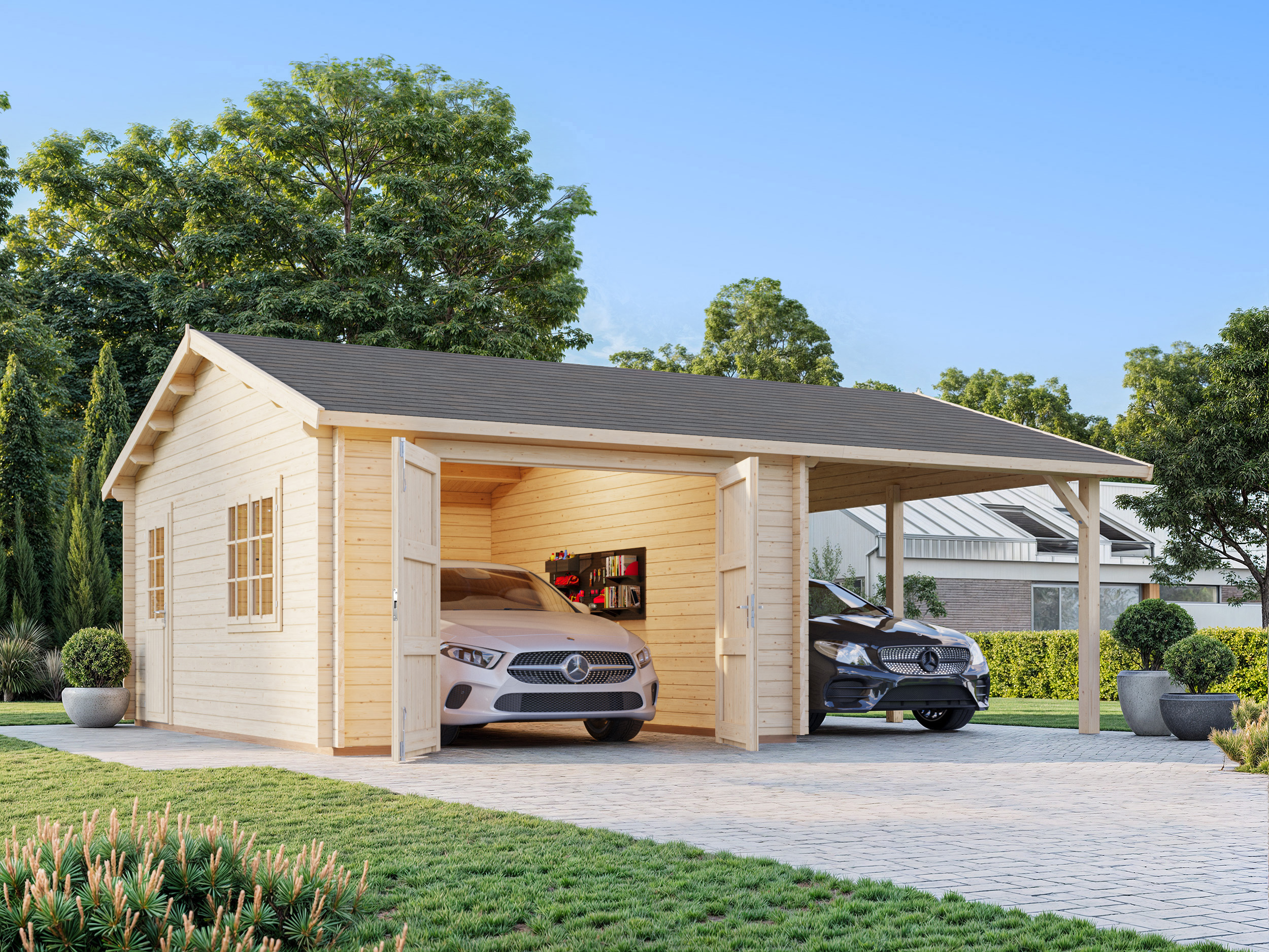 Palmako Garage Roger 19,0 + 16,2 m² - 44 mm - mit Holztor
